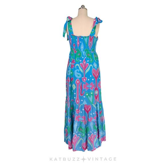 Crown Ivy Maxi Dress XL Blue Pink Ikat Smocked Tie Tiered Swiss Dot Beach Preppy - Picture 2 of 14